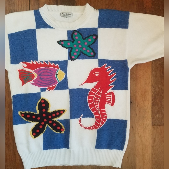 Vintage Fish Beach Sweater Blouse Sz Small Knit 3D Pom Pom Tess Designs Bermuda - Picture 16 of 16